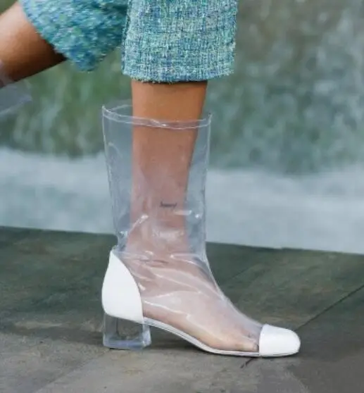 

Eunice Choo Clear Perspex Mid Calf Satin Patchwork Boots Med Crystal Heels PVC Booties Round Toe Fashion Runway Ladies Shoes