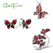 SANTUZZA красный Ювелирный Комплект Бабочка для женщин Белый CZ Кольцо Серьги Кулон 925 пробы серебро модные ювелирные изделия ручной работы эмаль
