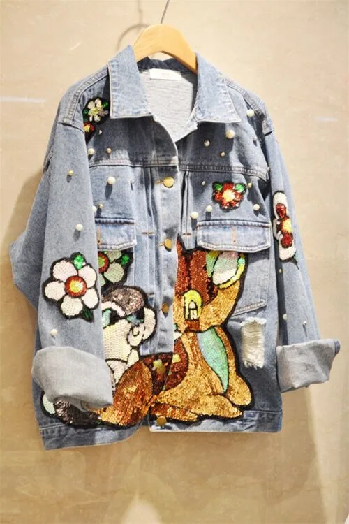 Женская куртка Sherhure джинсовая с блестками и жемчугом 2019|jacket coat women|jacket coatembroidery jacket