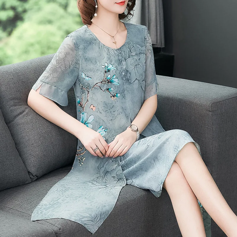 

Chiffon dress female 2019 summer new fake two print short-sleeved dress large size M-3XL high quality self-cultivation vestidos