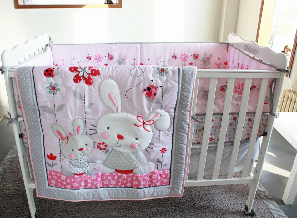 

Promotion! 7PCS Embroidery Baby Bedding,100% Cotton Baby Bedclothes Baby Bedding Sets ,include(bumper+duvet+bed cover+bed skirt)