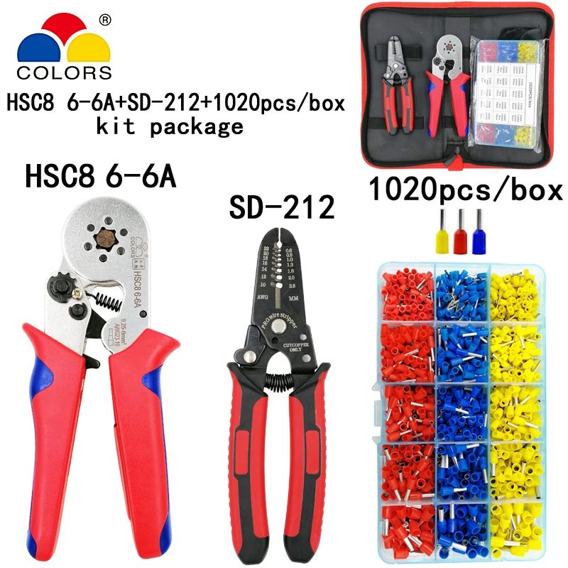 

COLORS Kit HSC8 6-6A 0.25-6mm2 crimping pliers SD212 multifunction stripping cut wire plier suit 1020pcs/box tube terminal tools