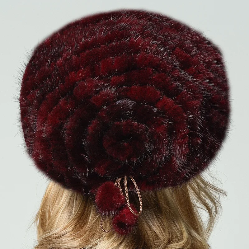 Ceny 2018 norek futro kapelusz naturalne prawdziwe zimowe dzianiny norek kapelusze dla kobiet ciepła, czarna czapka z futra pani czapki rosja kobieta czapki Qiusidun