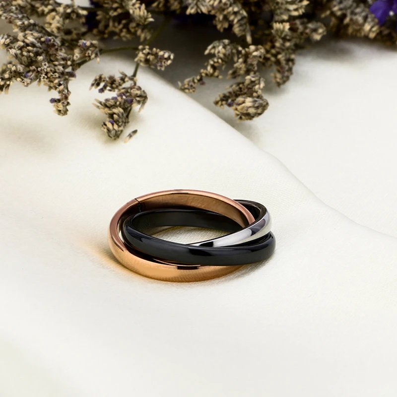 2018 Rose Gold Three Cross Ring Zirconia Fashion White Black Ceramic Rings Jewelry Vintage Ceramic Decorations for Women
