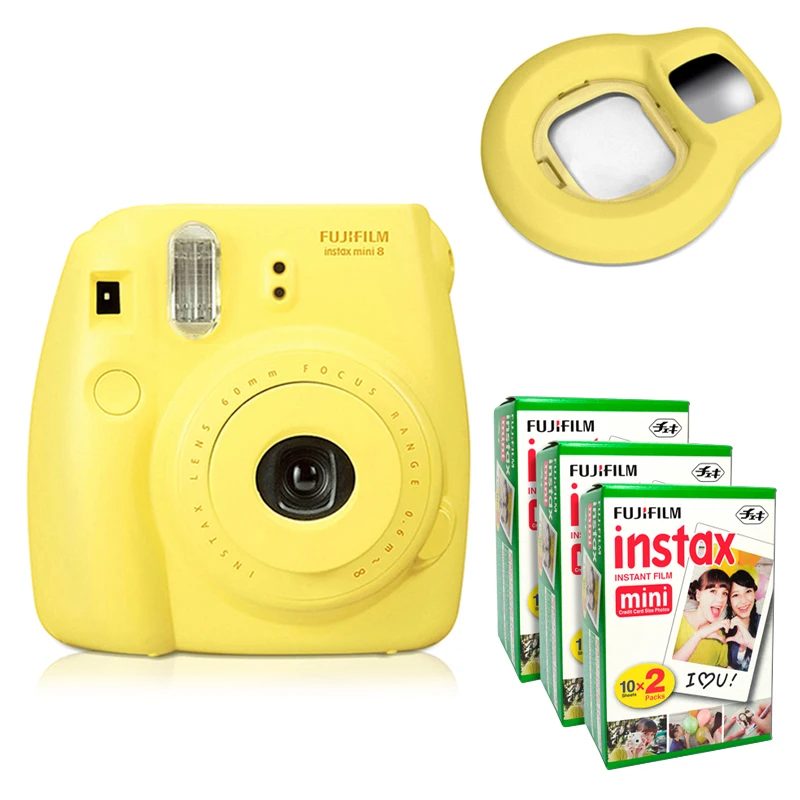 Fujifilm Instax Mini 8 мгновенная камера-желтый+ Fuji White Edge 60 пленка+ объектив крупным планом-желтый