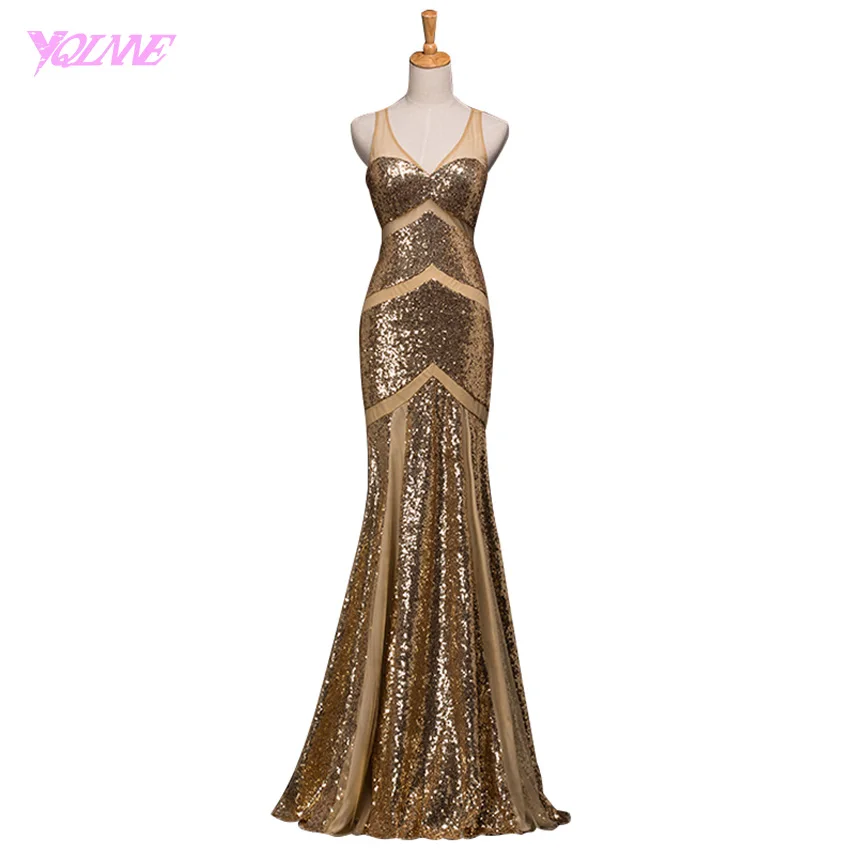

YQLNNE Gold Sequins Prom Dresses 2018 Long Mermaid Chiffon Evening Gown Vestido De Festa