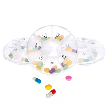 

2 PCS 7 Compartment portable medicine case Transparent Pill Box Tablet Round Box Dispenser Case