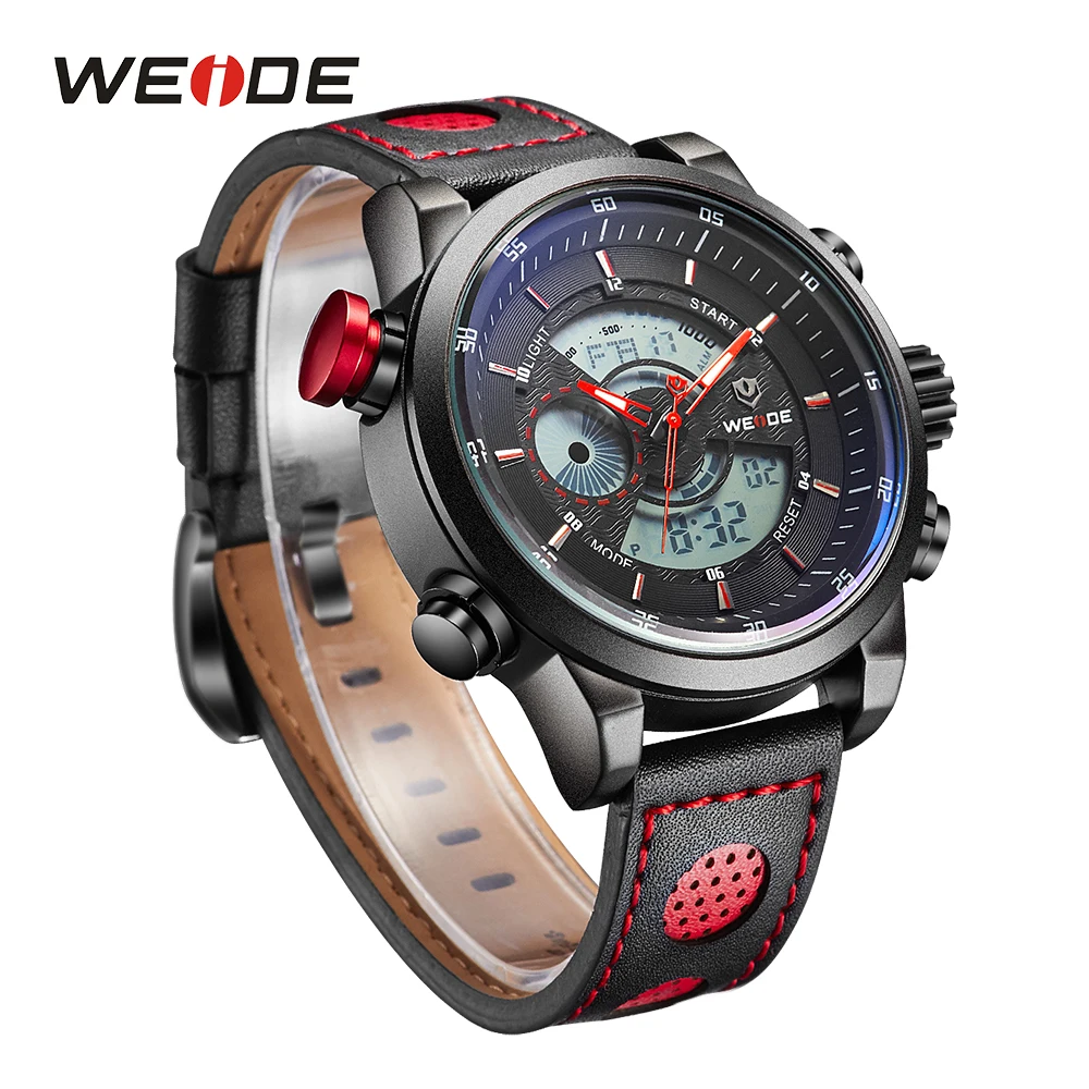 WEIDE Men Luxury Sports Watches Quartz LCD Digital Date Alarm Chronograph Leather Strap Wristwatches Clock Reloj Hombre Relogio