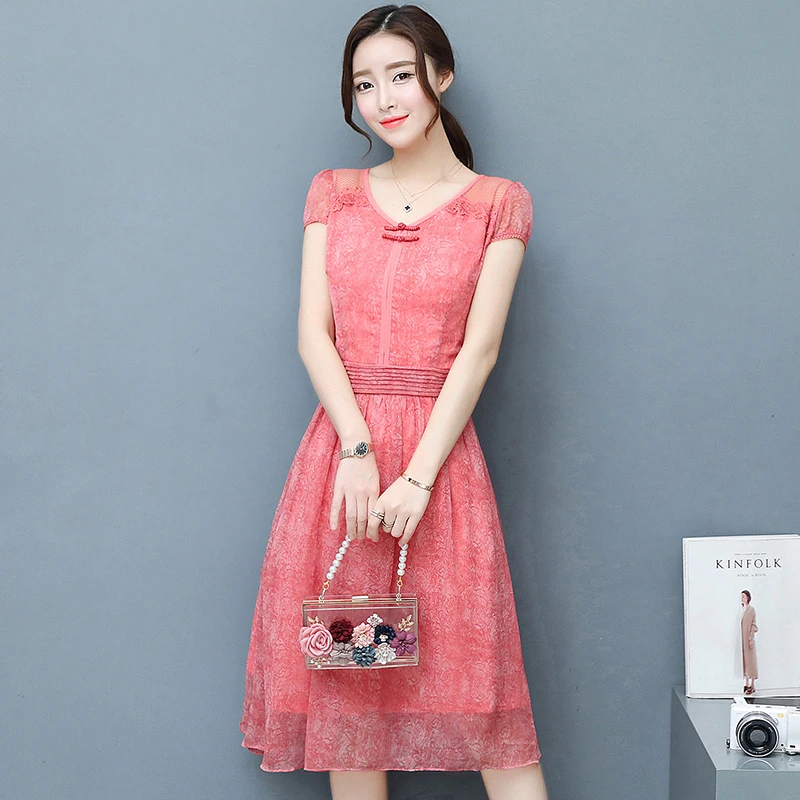 2017 Лето Новый Женщин V образным Вырезом Шифон Платье Элегантный Коротким Рукавом