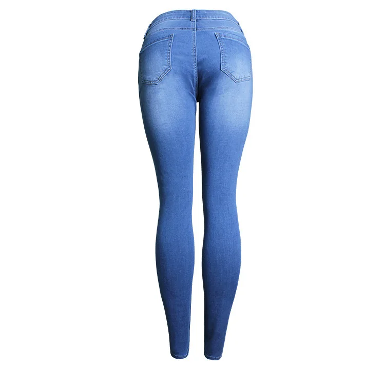 Женские летние узкие эластичные рваные джинсы с высокой талией, женские сексуальные джинсовые брюки, женские яркие синие джинсовые брюки