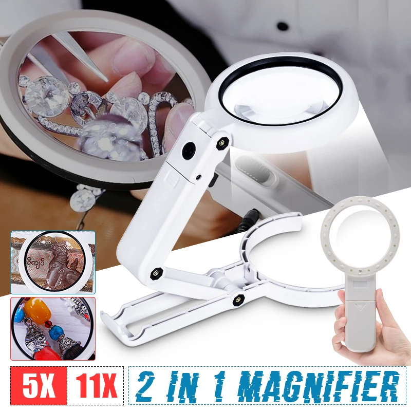 Gshy Loupe Portable Lumi/ère Pliante De 8 LED 5X 11X Loupe Lampe De Bureau En Verre Loupe Pliable Portative Loupe Grossissante Portative Pour Les Journaux De Lecture Des A/în/és Et Des Enfants