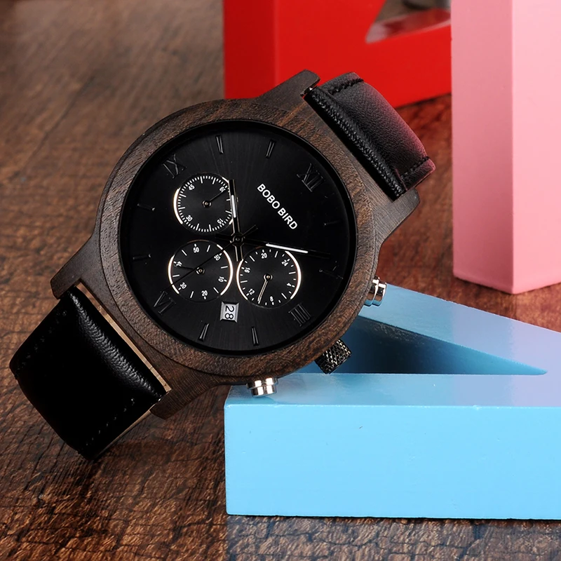 BOBO BIRD WP28 Wooden Mens Watches Luxury Chronograph Quartz Watch with Date Display in Wooden Gift Box