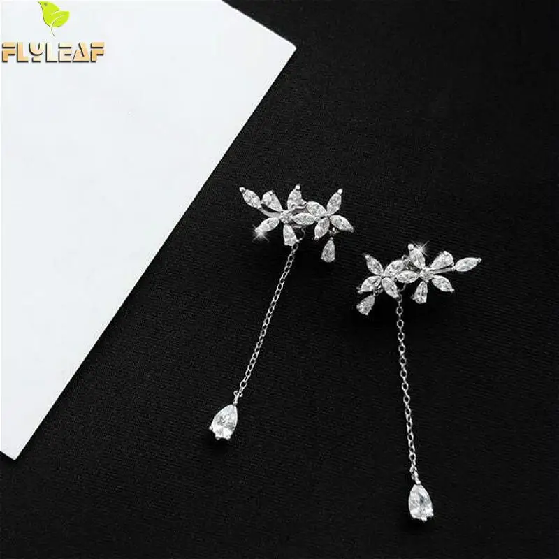 

Flyleaf 100% 925 Sterling Silver Cubic Zirconia Flower Tassel Drop Earrings For Women Fashion Party Jewelry