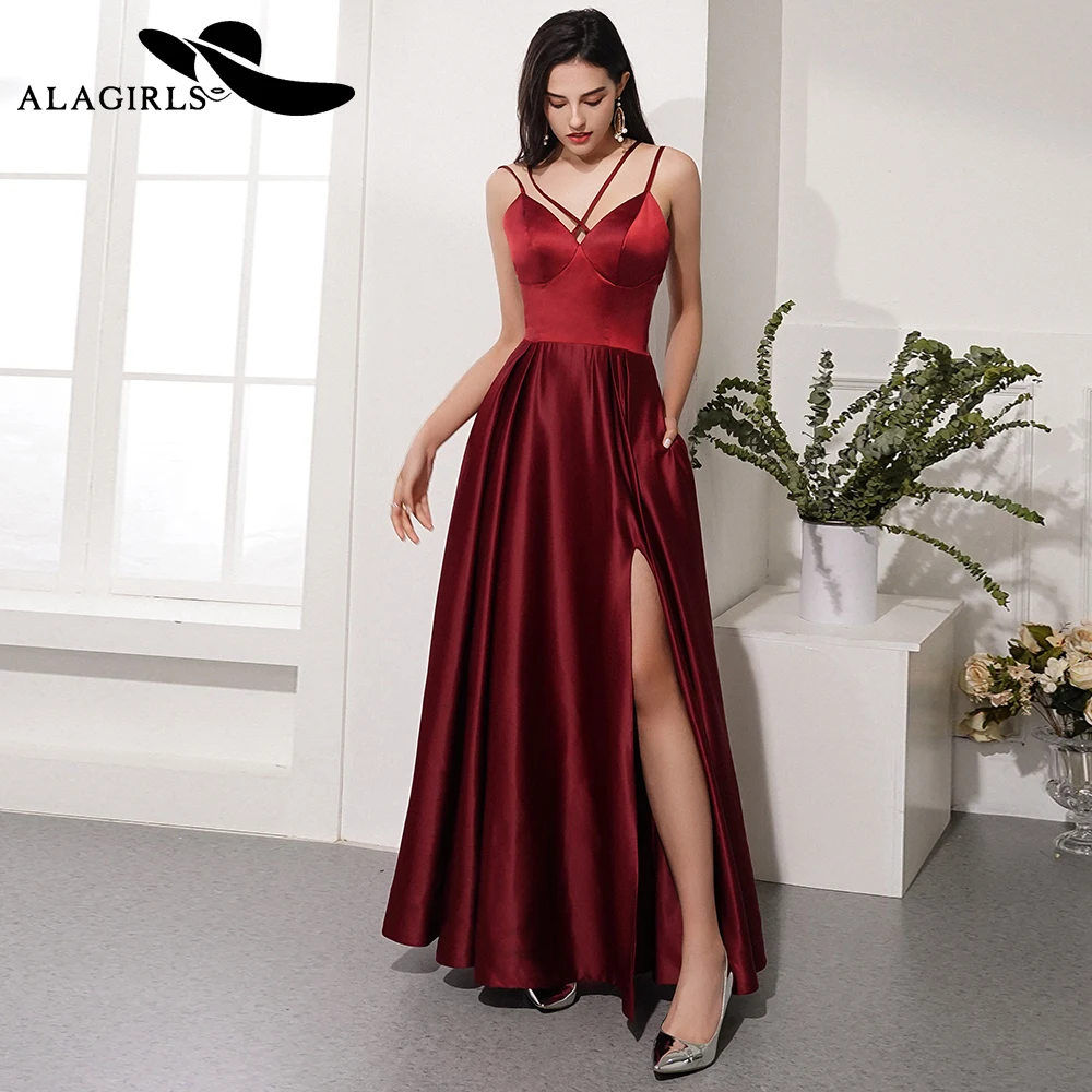 

Alagirls New Arrived Silk Satin Split Prom Dress Floor Length A Line Evening Dress Sexy Split Party Dress Vestido de fiesta 2019