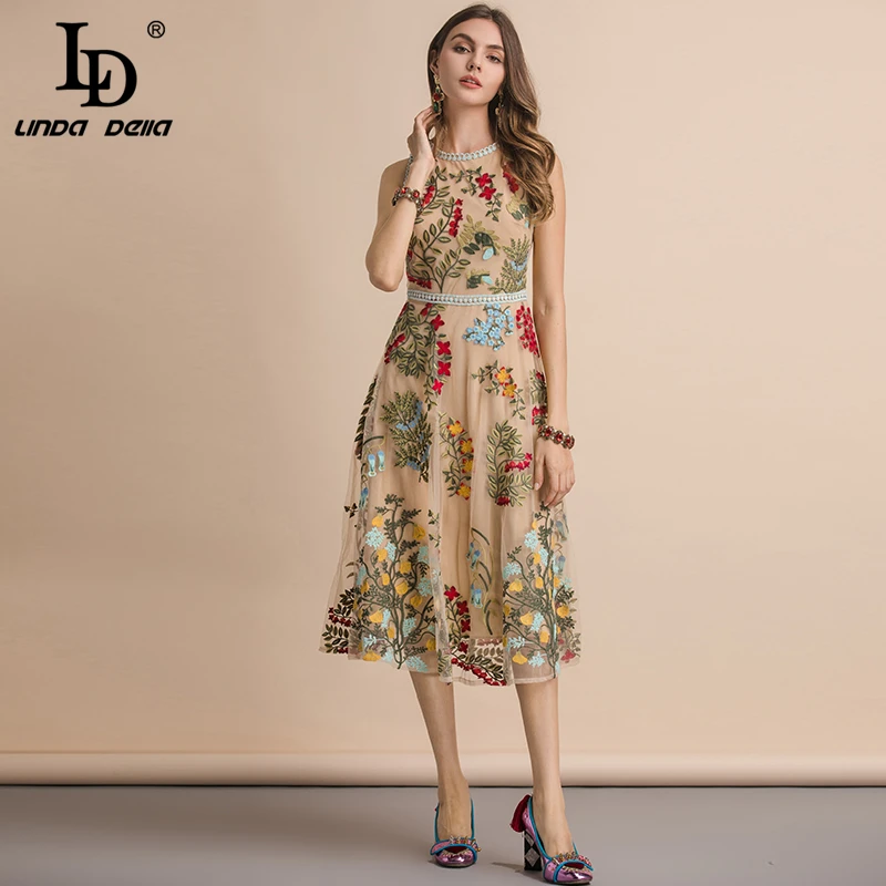 

LD LINDA DELLA New 2019 Summer Sleeveless Dress Women's Flower Embroidery Mesh Overlay Temperament Slim Elegant Midi Dresses