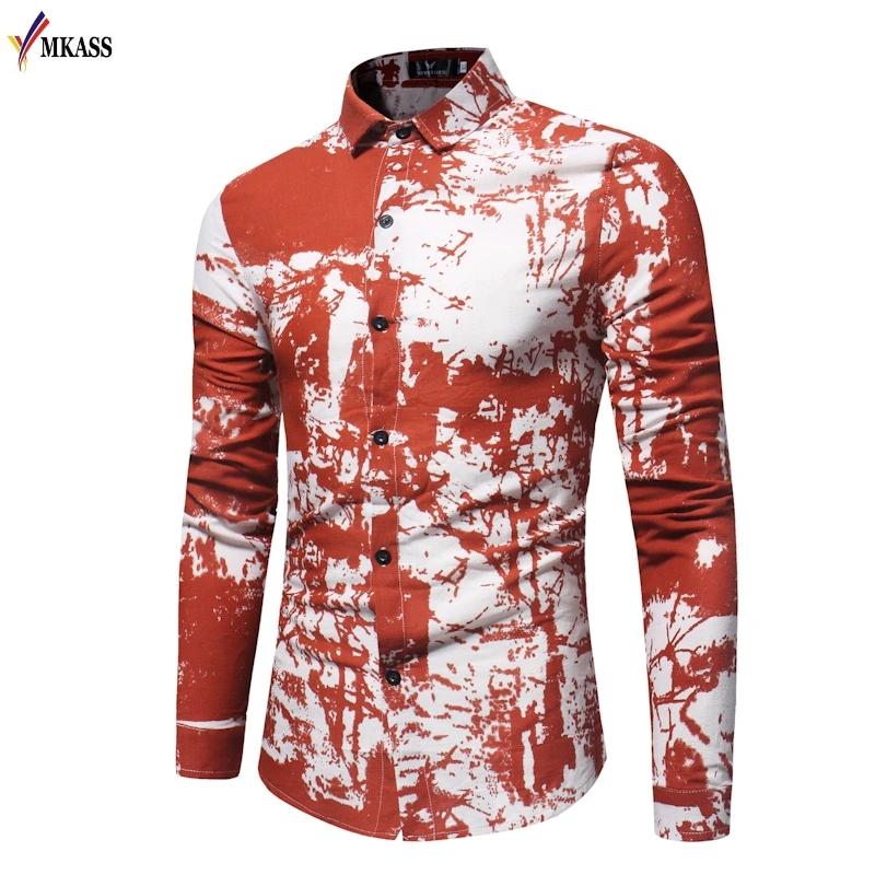 Hot Fashion 2018 Male Long Sleeve Shirts Casual Tie Dye Printing Slim Fit Dress Shirts Mens Camisa Masculina M-3XL