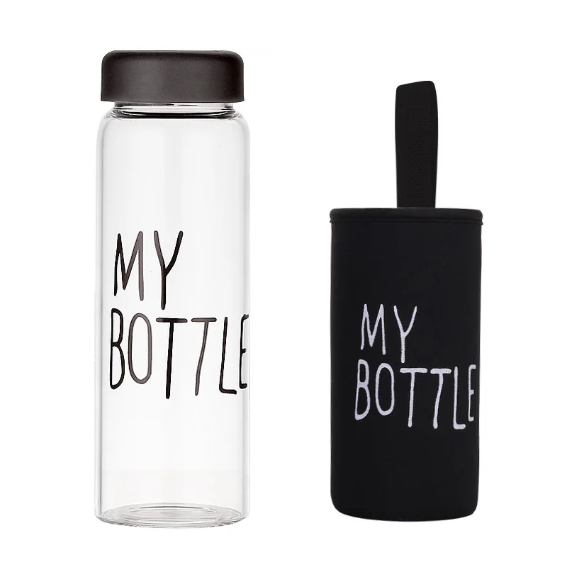 Стеклянная бутылка для воды с подарочной коробкой 500 мл my Bottle прозрачная или матовая Спортивная корейский стиль термостойкая герметичная - Цвет: black and sleeve