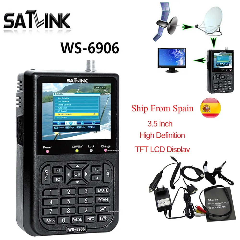 

Satlink WS-6906 3.5 inch DVB-S FTA Digital Satellite Signal Finder Automatic Channel Search TV Signal WS6906 Satellite Finder