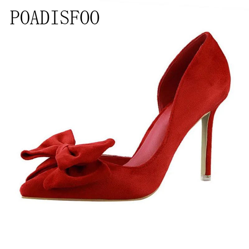 

POADISFOO 2018 pumps high-heeled Shoes Fine With High Heel Shallow Mouth Pointed Suede Side Hollow Bow women's Shoes .PSDS-519-1