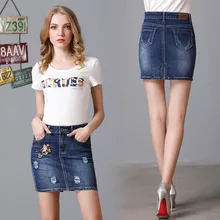 2017 Summer New Pattern plus size vintage style Embroidery over hip Cowboy Skirt Blue embroidered skirt 339