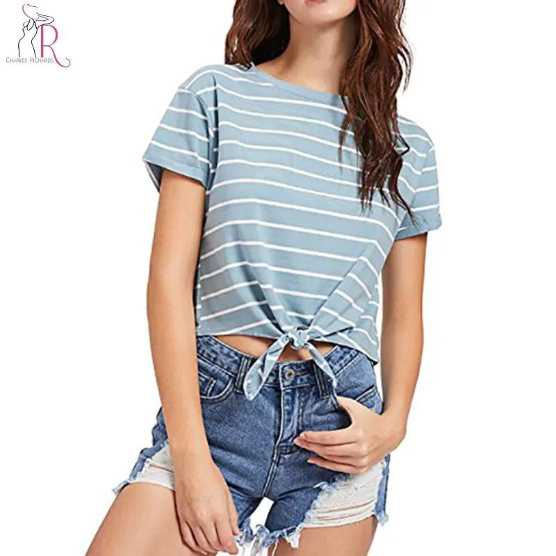 cotton round neck lace striped short sleeve t shirts