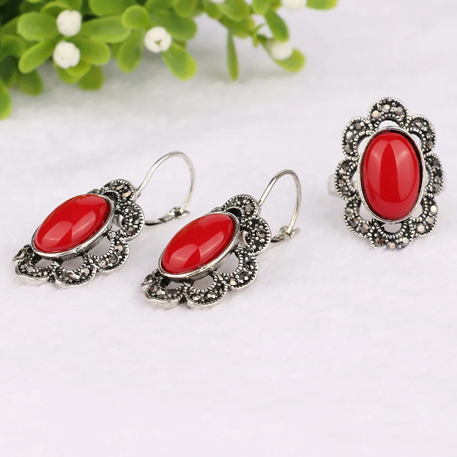 Vintage-Bohemia-African-Beads-Jewelry-Set-Color-Silver-Red-Resin-Jewelry-Earrings-And-Rings-Bridal-Jewelry