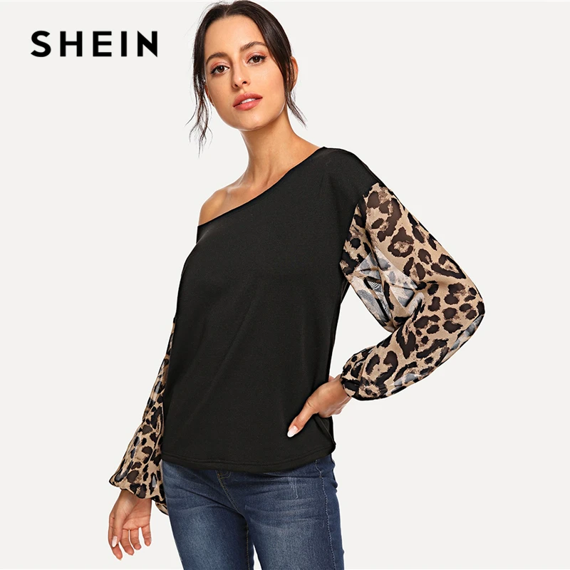  SHEIN Black Leopard Contrast Mesh Pullover One Shoulder Bishop Sleeve Sweatshirt Women Autumn Patch