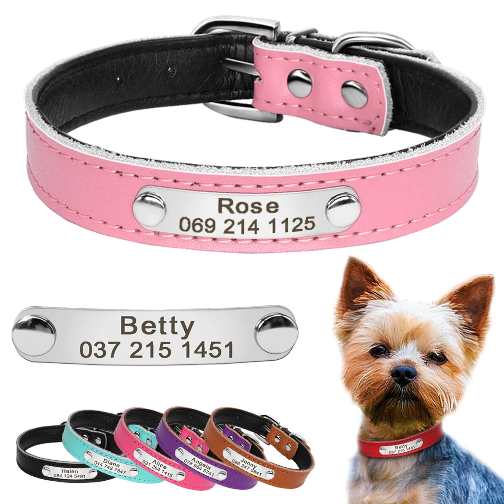 

Personalized Leather Dog Collars Custom Engraved Nameplate ID Tag Collar For Small Medium Dogs Cats Chihuahua Yorkshire 7 Colors