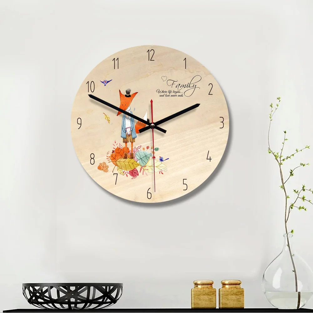 Круглый бесшумный современный вручение часы детей Лиса мультфильм творческий Гостиная Home Decor Тихая деревянные настенные часы