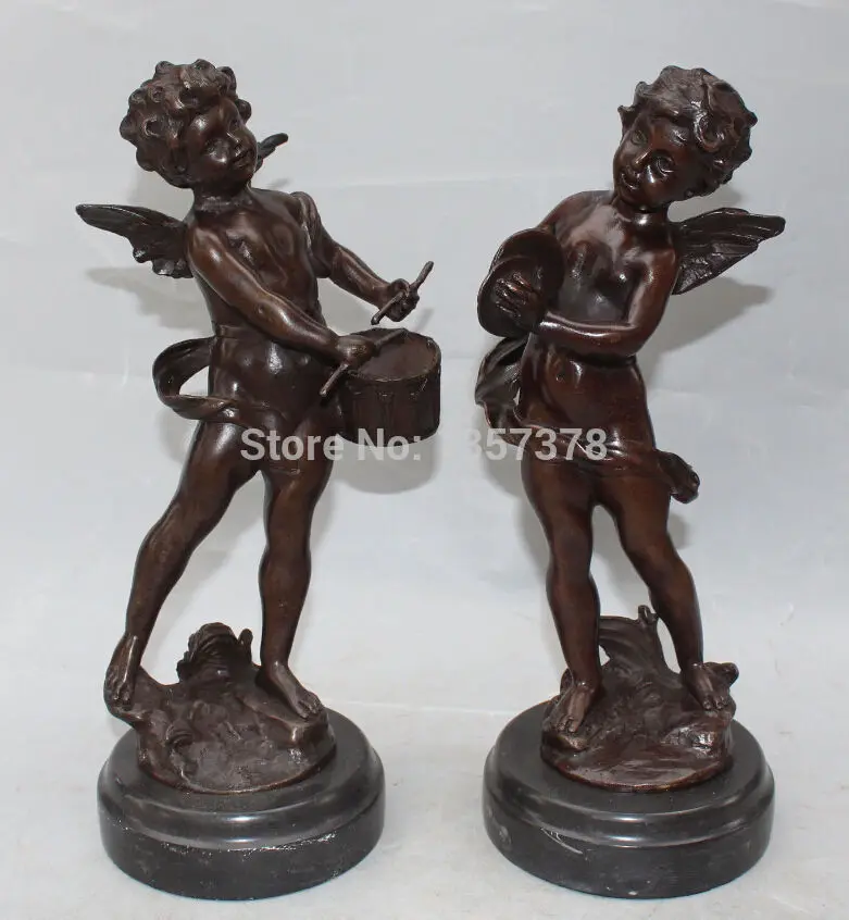 

shitou 00989 12" Chinese Western Bronze Marble Falling body Young Boy Kid Angel Pair Statue