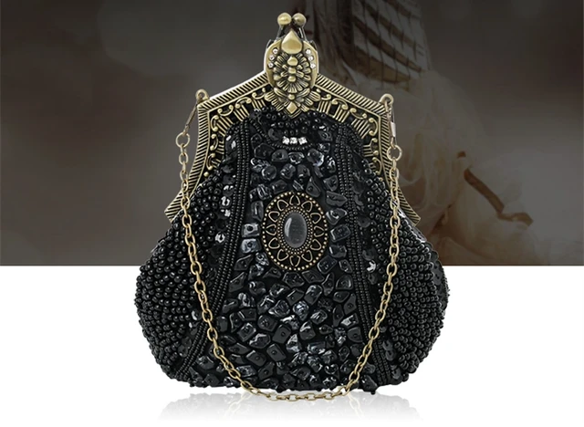 Vintage 1920s Style Black Beaded Top Frame Flapper Purse Design Metal Frame  Kissing Lock Satin Interior Evening Party Clutch - AliExpress