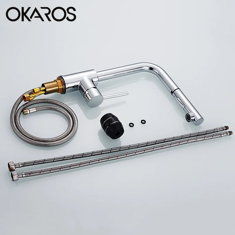  OKAROS Kitchen Swivel Romovable Faucet Silver Chrome Finished Pull Out Down Water Mixer Tap Modern  - 32826776533