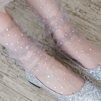 

1PC Women Fashion Glitter Mesh Ankle High Hosiery Unique Design Lace Star Moon Sequins Sock Transparent Creative Thin Short Sock