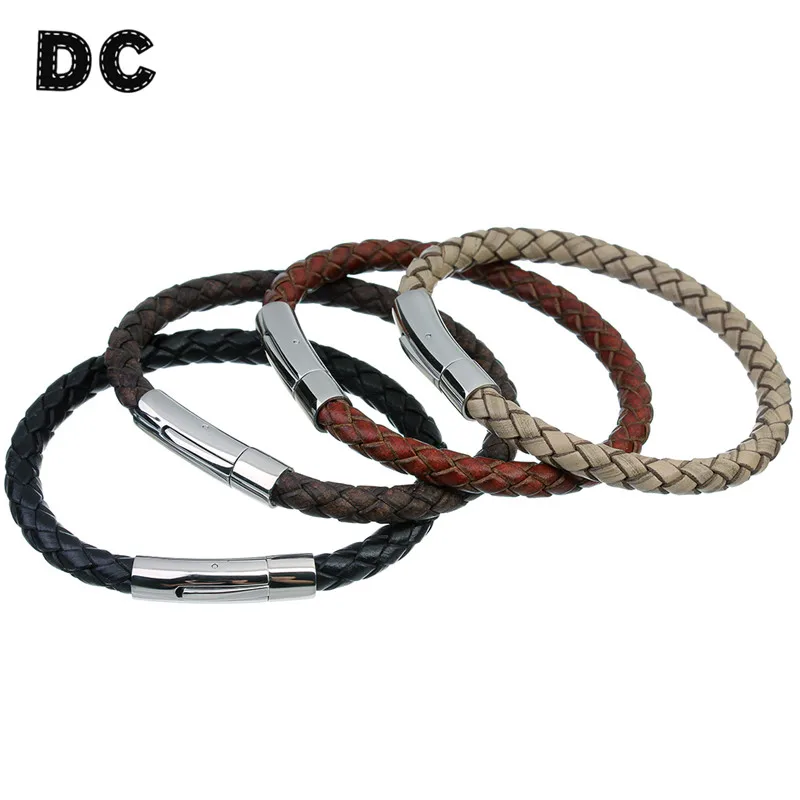 

DC 2017 Fashion Black Brown Wine Red Beige Round Braided Leather Bracelet Bangles with Stainless Steel Clasps for Men Jewelry