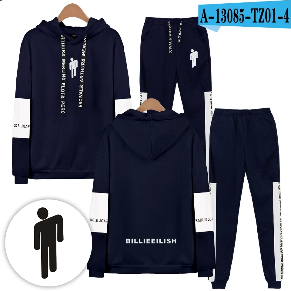 Новинка Billie Eilish,, толстовки, Новое поступление, повседневный комплект из двух предметов, костюм с капюшоном для мужчин/женщин, толстовки, свитшоты и спортивные штаны - Цвет: Navy Blue