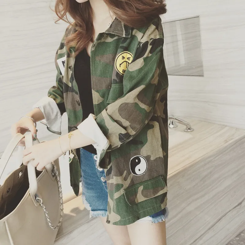 Fashion Camouflage Military Jacket Women Denim Camo