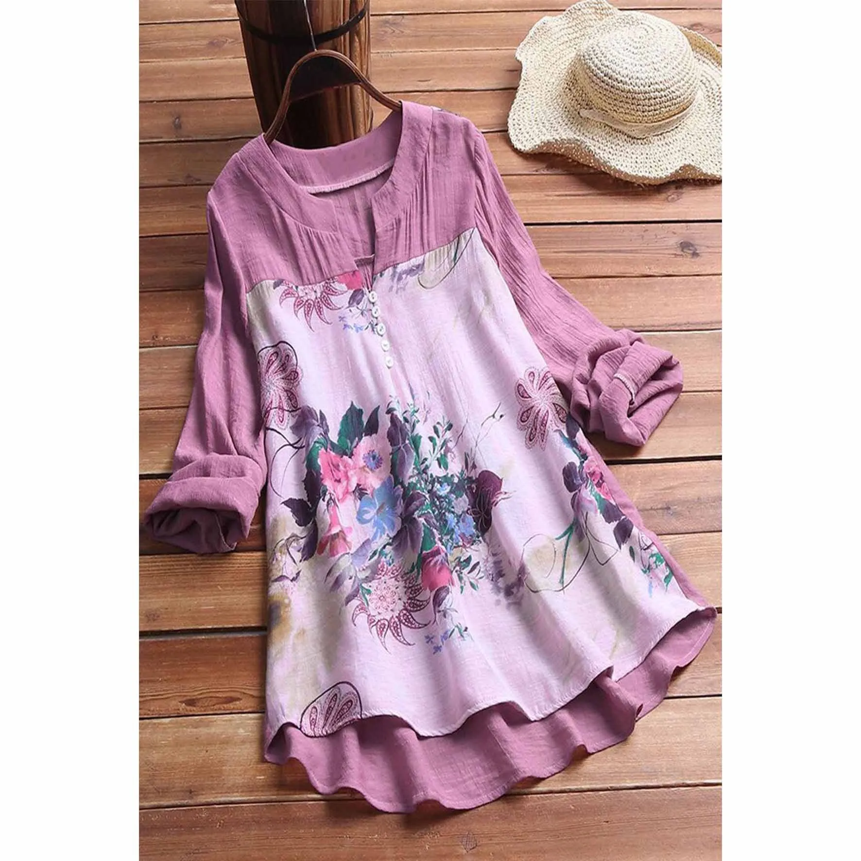 Casual Women Cotton Linen Blouses Vintage V Neck Plus Size Blouses