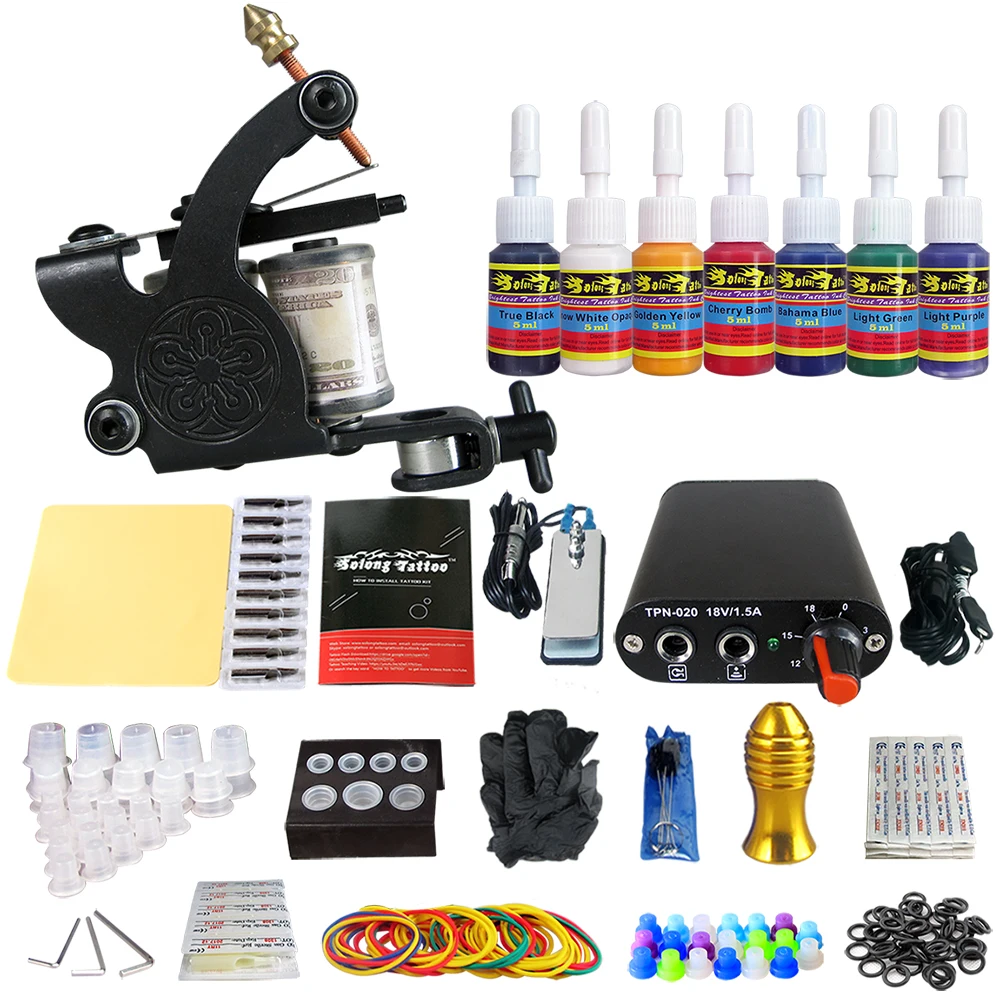 

Tattoo New Beginner 1 Pro Machine Gun Tattoo Kit 7 color ink set TK105-80