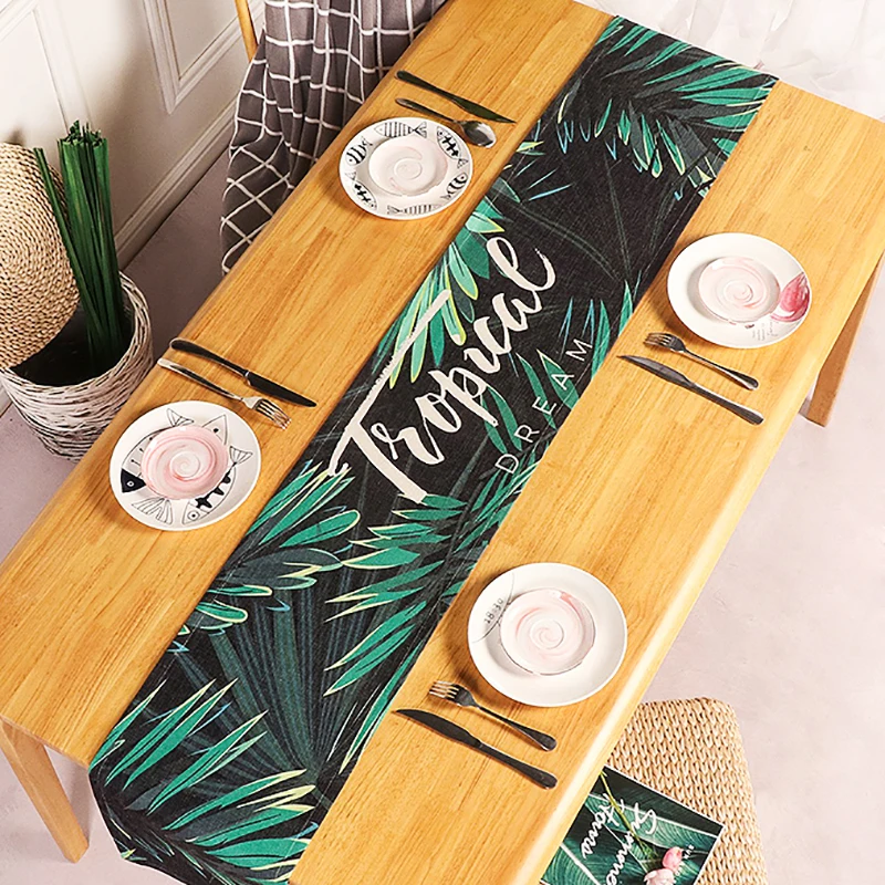 

Tropical Table Runner Green Leaves Pattern Table Flag Furniture Cotton Fabric Table Cloth