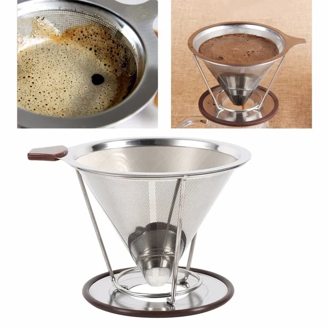 Best Price Stainless Steel Cone Reusable Coffee Filter Baskets Mesh Strainer Pour Over Coffee Dripper With Stand Tea Funnel Holder 