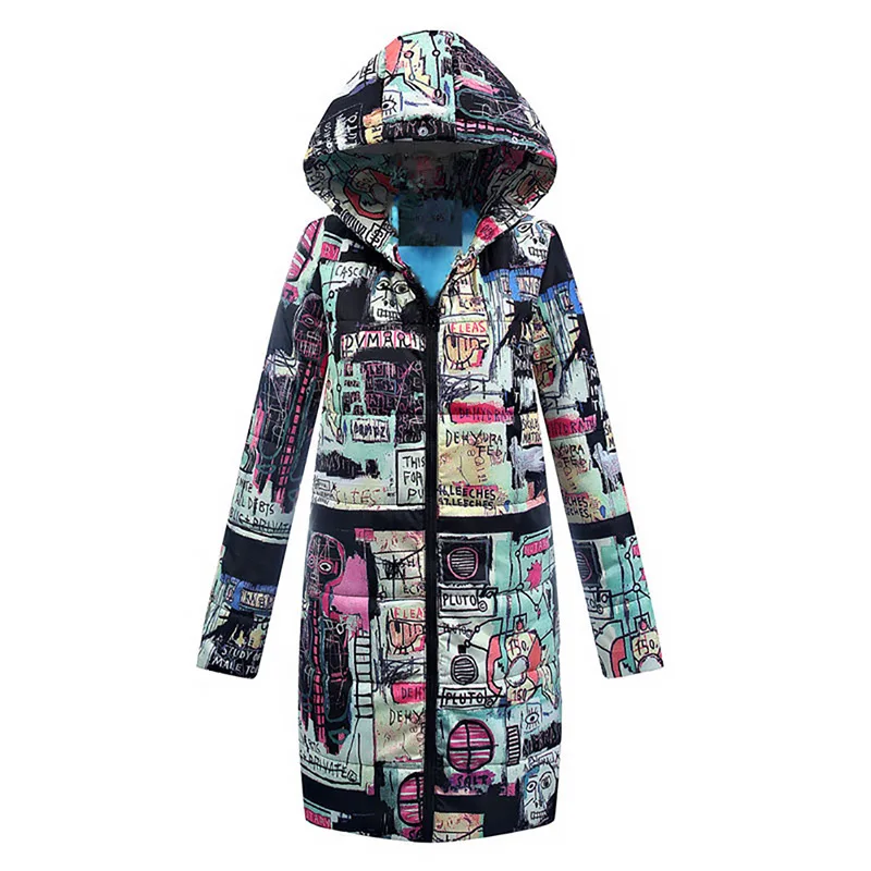 

women's parkas coats fem me print clothes 2019 jackets ladies plus large big size warm long hooded Cotton padded graffiti boho