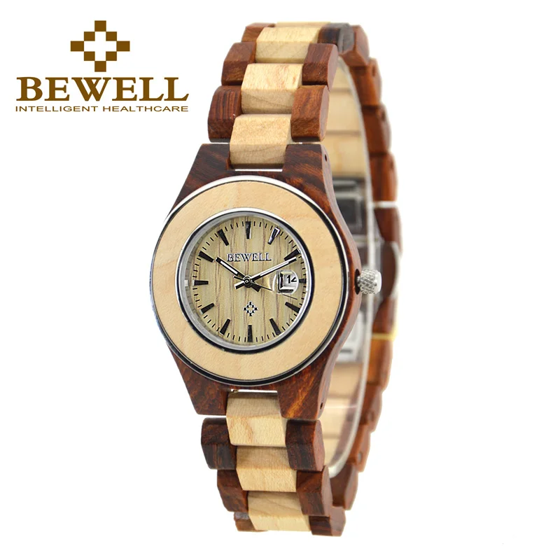 

BEWELL Wood Couple Watch 30Bra Water Resistant Quartz Movement Wristwatches Analog Display with Calendar Relogio 100A