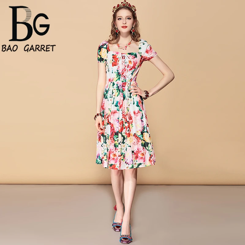 Baogarret 2019 Fashion Runway Summer Dress Women's Belted Floral Print Casual Holidays Party Slim Midi Elegant | Женская одежда