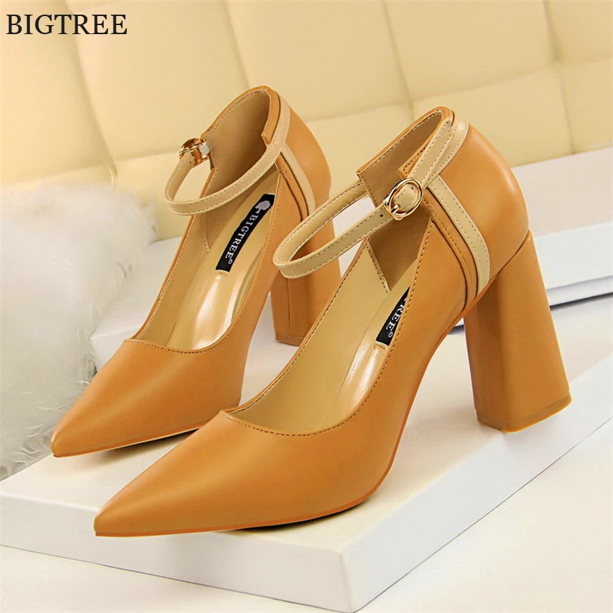 Retro Buckle Square Heels Office Shoes 2019 New Soft Leather Shallow