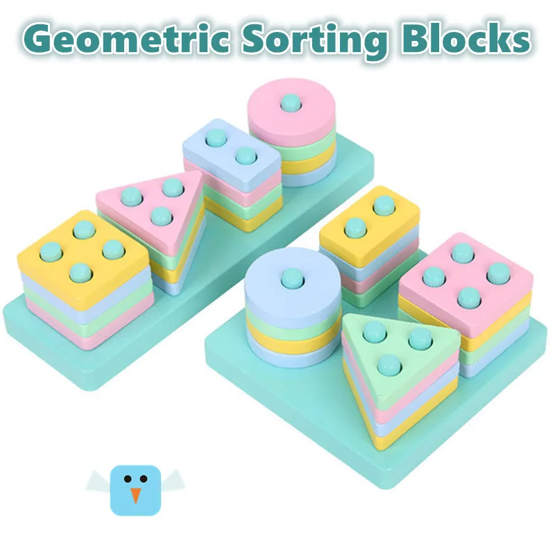 

Baby Toys 4 colors Wooden Geometric Sorting Board Block Kids Educational Geometry Toys Building Blocks sorter Child Gift