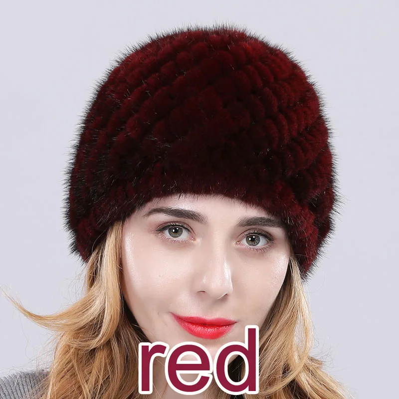 new arrival women real mink fur hat classic knitted genuine mink cap elastic warm brand wool lining thick fashion - Цвет: wine