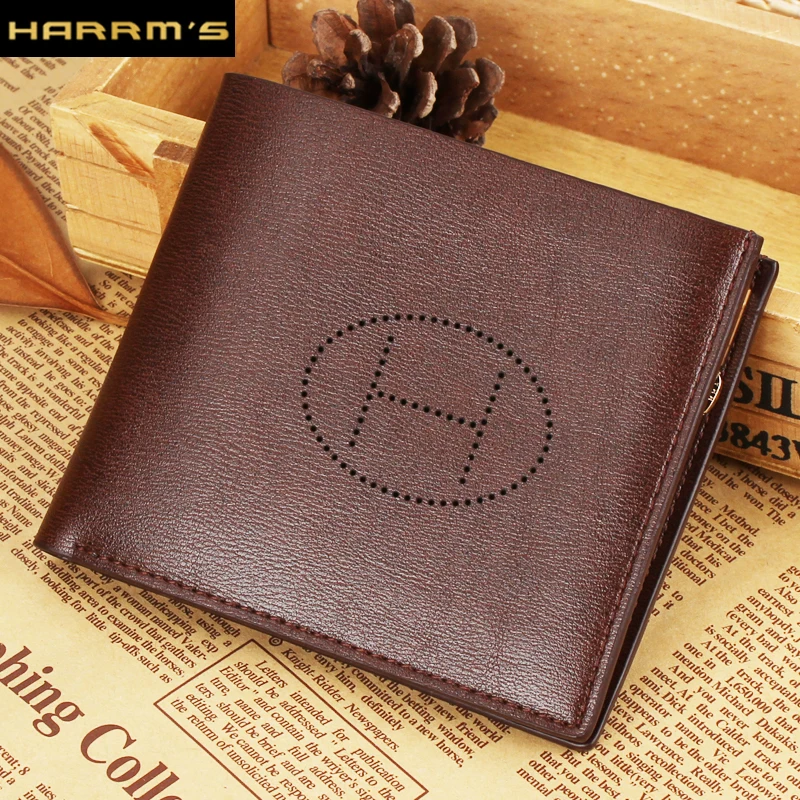2016 NEW Designer Harrms Brand Short men wallets brown color Split leather with zipper card holder