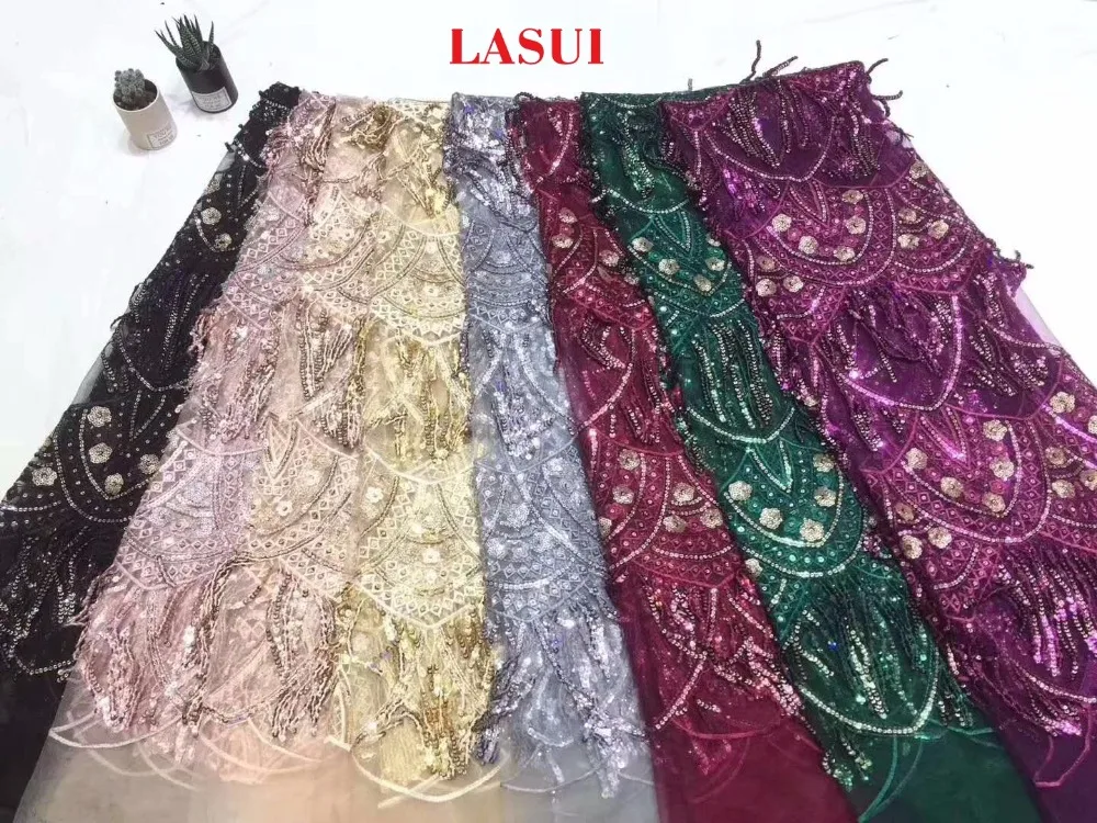 LASUI очень красивый 1 ярд благородный 7 цветов блестки вышивка кисточки Кружево Ткань diy для танцев/вечернее платье ткань W0051