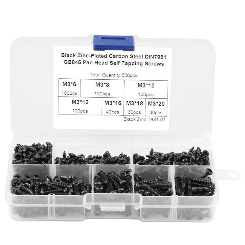 500pcsSet M3 Phillips Pan Head Screws Self Tapping Drilling Screws Assortment Kit Carbon Steel 6mm 8mm 10mm 12mm 16mm 18mm 20mm 6