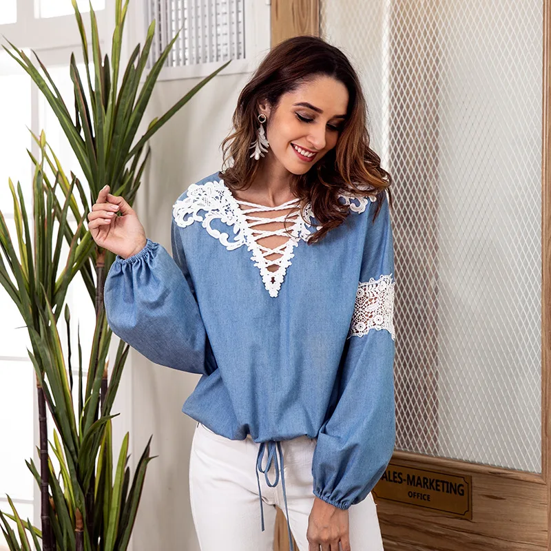 Summer Lace Up Women Tops Autumn Vintage Denim Blouses Sexy V Neck Long Sleeve Shirts Casual Loose Blusas Plus Size Female Tops Blouses